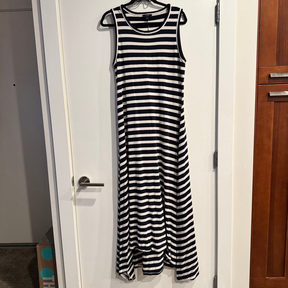 J. Crew Hi-Low Maxi Dress Navy Blue White Striped Crew Neck Sleeveless Sz M